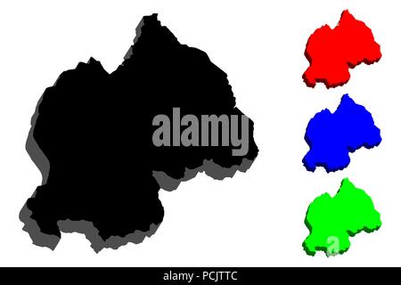 Mappa 3D del Ruanda (Repubblica del Ruanda) - nero, rosso, blu e verde - illustrazione vettoriale Illustrazione Vettoriale