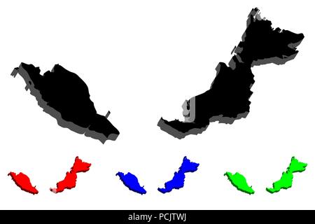 Mappa 3D della Malesia (Malesia peninsulare e Borneo malese - nero, rosso, blu e verde - illustrazione vettoriale Illustrazione Vettoriale
