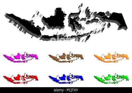 Mappa 3D di Indonesia (Repubblica di Indonesia) - nero, rosso, viola, marrone, arancio, blu e verde - illustrazione vettoriale Illustrazione Vettoriale