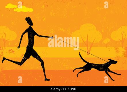 In esecuzione con il cane di una donna in esecuzione con il suo cane su un astratto park sfondo. La donna e il cane e lo sfondo sono su diversi strati marcato. Illustrazione Vettoriale