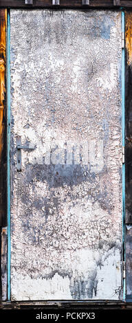 Vecchia porta fatiscente, blu maniglia in metallo, il telaio e le cerniere. Bella astratta voce retrò, modello a trama, random incrinato vernice pelata in bianco-rosa. Foto Stock