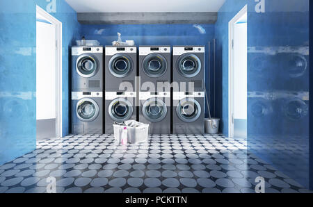 Fila di macchine di lavaggio con lavanderia in un cestello, 3D render Foto Stock