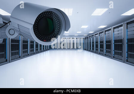 3D rendering telecamera di sorveglianza in sala server Foto Stock