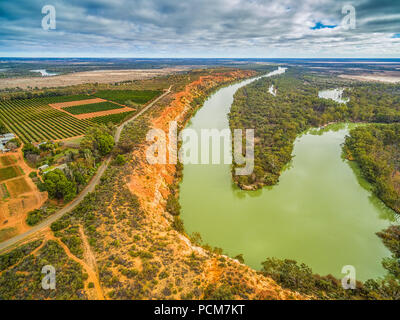 Vista aerea di campi agricoli e Murray River che fluisce nell'orizzonte tra alberi di gomma in Sud Australia Foto Stock