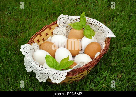 Fresh organica marrone e bianco uova in un cestello con un crochet bianco centrino sull'erba Foto Stock