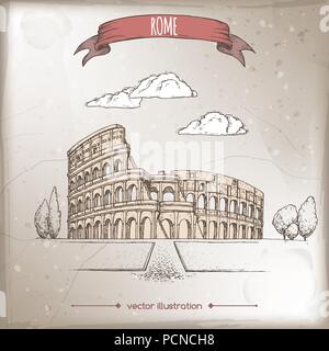 Vintage illustrazione di viaggio con il Colosseo aka Colosseo a Roma, Italia. Illustrazione Vettoriale