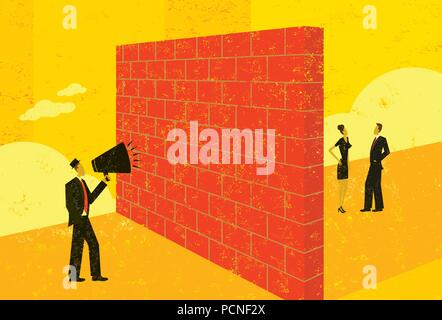 Barriera della comunicazione un imprenditore gridando in corrispondenza di un muro di mattoni che rappresenta una barriera per la sua capacità di raggiungere i clienti potenziali. Illustrazione Vettoriale