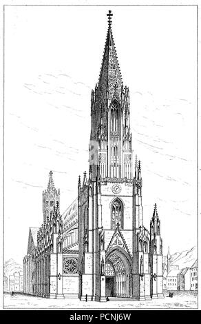 Freiburg Minster, Freiburger MÃ¼nster o MÃ¼nster , Unserer Lieben Frau, la cattedrale di Friburgo in Brisgovia, Germania sud-occidentale, digitale migliorata la riproduzione di un immagine storica a partire dall'anno 1885 Foto Stock