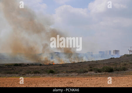 Campo di masterizzazione causato da Kite bombe che sono state percorse da Gaza con un acceso benzina panno imbevuto per impostare gli incendi all'israeliano i campi e le colture. Fotografato su Foto Stock