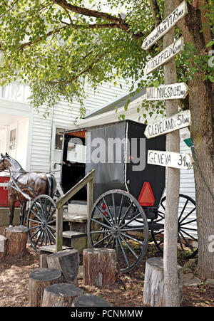 Al di fuori del magazzino generale in Mesopotamia, Ohio è un cavallo finto e buggy simbolici di questa zona che è pesantemente Amish. Foto Stock