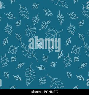 Vector disegno superficiale, la texture con le forme delle foglie che cadono, fogliame in colore bianco su blu scuro, turchese, sfondo teal Illustrazione Vettoriale