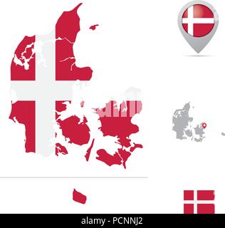 Mappa di Danimarca in bandiera nazionale colori, bandiera, marker e la posizione di capitale. Illustrazione Vettoriale