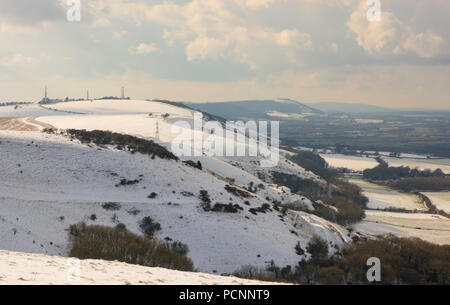 Il South Downs coperto di neve. Vista guardando ad ovest dai diavoli Dyke vicino a Brighton, East Sussex, Inghilterra Foto Stock