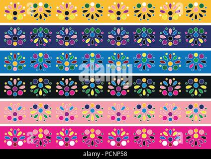 Grafica vettoriale, illustrazione set di 6 lacci, nastri in boho, folk, etno stile. Modello multicolore in stile anni sessanta anni settanta Illustrazione Vettoriale