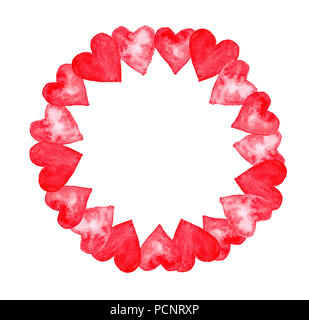 Ghirlanda fatta di acquerelli di cuori in sfumature di colore rosso, isolato su sfondo bianco Foto Stock
