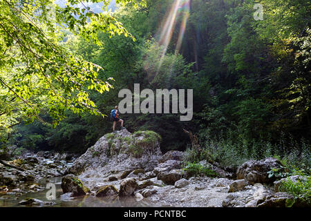 In estate sul fiume, giovane donna in piedi su una roccia durante le escursioni e attraversare un fiume incontaminato, Slovenia, Europa Foto Stock