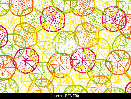 Illustrazione grafica con fette di agrumi forma (limone, arancio, cedro, pomelo, pompelmo) in caldi colori isolati su sfondo trasparente Foto Stock