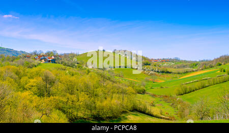 Villaggio in Serbia, l'Europa. L'estate. Paesaggio ampio panorama. Azienda agricola sulla cima della collina. Foto Stock