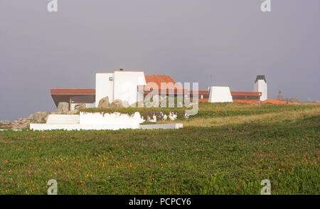 Casa da tè della Boa Nova, vicino al mare, Porto, Portogallo, in una nebbiosa mattina. Foto Stock