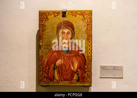 Omodos, Cipro. Maggio 2018. Una icona religiosa dal 1866 sul display nel monastero di Santa Croce di Omodos a Cipro. Foto Stock