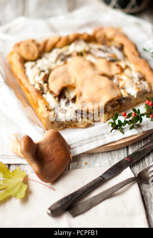 Una deliziosa torta fatta in casa con funghi e formaggio. Ottimi pasticcini. Vista dall'alto Foto Stock