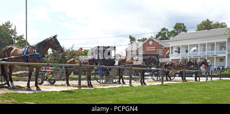 Parcheggio per cavalli e buggy Amish nel Mesopotamia Village a Middlefield, Ohio, Stati Uniti. Foto Stock