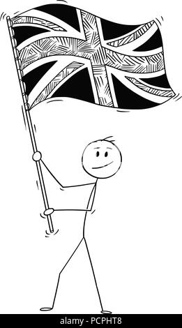 Cartoon di uomo sventolare la bandiera del Regno Unito di Gran Bretagna Illustrazione Vettoriale