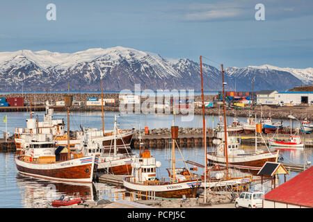 13 Aprile 2018: Husavik, Nord Islanda - Whale watching Le barche nel porto su una luminosa giornata di primavera. Foto Stock