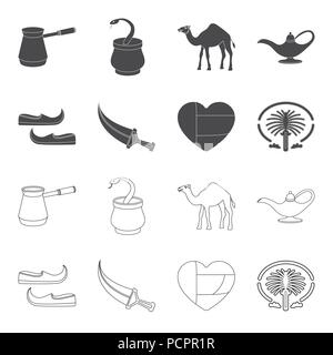 Scarpe orientale, pugnale, il cuore degli emirati,Palm Jumeirah.emirati arabi set di icone di raccolta in nero,Outline stile simbolo vettore stock illustrat Illustrazione Vettoriale