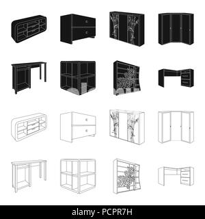 Toeletta, angolo ripiani, scrivania, armadio con vetro. Mobili da camera da letto set di icone di raccolta in nero,Outline stile simbolo di vettore di stock Illustrazione Vettoriale