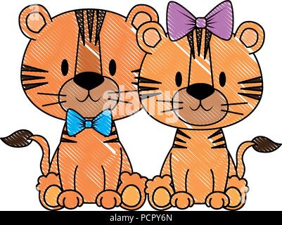 Carino e adorabile coppia tigers caratteri illustrazione vettoriale design Illustrazione Vettoriale