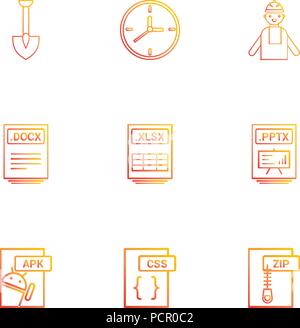 Capocorda , clock , ingegnere , pptx ,power point , zip , compressi , docx, xlsx , file excel , css , apk android ,icona, vettore, design, piatta, collectio Illustrazione Vettoriale