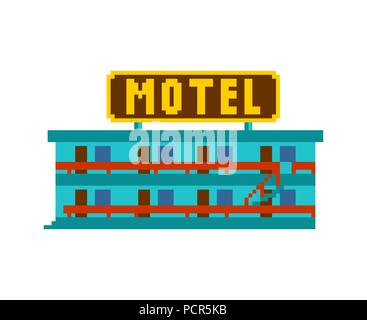 Motel pixel art. Piccolo hotel 8 vettore di bit illustrazione. Illustrazione Vettoriale