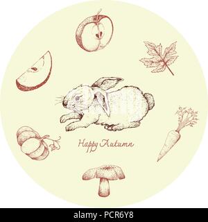 Autunno animale, Illustrazione disegnata a mano di Bunny coniglio con mele, Maple Leaf, carota, funghi e zucca. Animale simbolico per mostrare i segni di Aut Illustrazione Vettoriale
