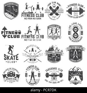 Set di fitness e skateboard club concetto con ragazze fare esercizio e il guidatore di skateboard silhouette. Vettore e fitness club per la corsa su skateboard badge retrò.Per la palestra di segni, emblemi e altre attività correlate Illustrazione Vettoriale