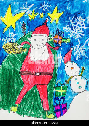 Childs disegno ad acquerello di Santa Claus in inverno Foto Stock