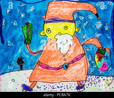 Childs disegno ad acquerello di Santa Claus in inverno Foto Stock