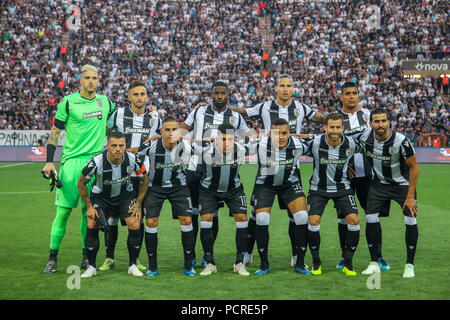 Salonicco, Grecia - Luglio 24, 2018: i giocatori di PAOK durante la UEFA Champions League secondo turno di qualificazione , il primo match tra PAOK vs gioco di Basilea Foto Stock