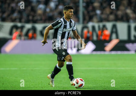 Salonicco, Grecia - 24 Luglio 2018: il giocatore di PAOK Dimitris Limnios in azione durante la UEFA Champions League secondo turno di qualificazione , 1° match Foto Stock