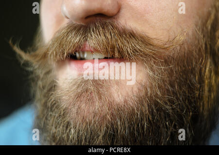 Ritratto di sorridente uomo barbuto in una blu denim Shirt su uno sfondo nero. Hipster Look: Barba e baffi Close-up Foto Stock