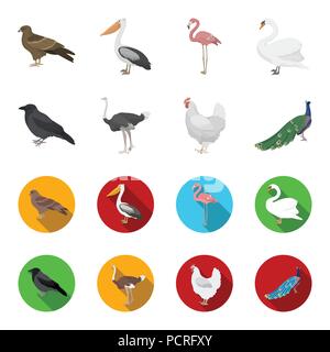 Crow, struzzo, pollo, Peacock. Gli uccelli set di icone di raccolta in cartoon,stile piatto simbolo vettore illustrazione stock . Illustrazione Vettoriale