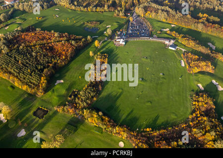 Duisburg Huckingen Golf e più, Duisburg campo da golf, bunker, sand box, sul lago Remberger vedere, vista aerea di Duisburg, la zona della Ruhr Foto Stock