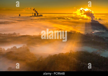 Nebbia di mattina su Lippepe, Lippe marsh, Trianel Power Plant, GUD turbina a gas Power Plant, Westfalia centrale elettrica RWE power, carbone power station, sunrise su Hamm, vista aerea di Hamm, la zona della Ruhr Foto Stock