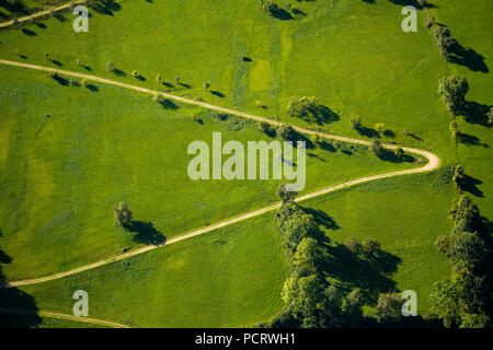 Vista aerea, percorso a serpentina in sulle colline pedemontane delle Alpi e Prealpi con prati verdi, Waidhofen an der Ybbs, Austria Inferiore, Austria Foto Stock