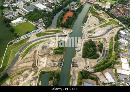 Vista aerea, Rhine-Herne Canal, navigazione interna, Emscher, Rhine-Herne Canal, Dueker, Castrop-Rauxel Henrichenburg, Castrop-Rauxel, la zona della Ruhr, Renania settentrionale-Vestfalia, Germania, Europa Foto Stock