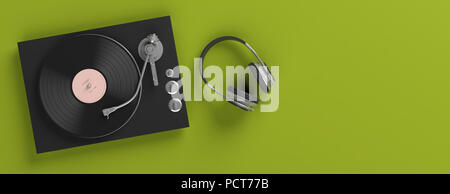 Musica, suono. Cuffie e LP in vinile record giocatore sul verde brillante background, banner, copia dello spazio. 3d illustrazione Foto Stock