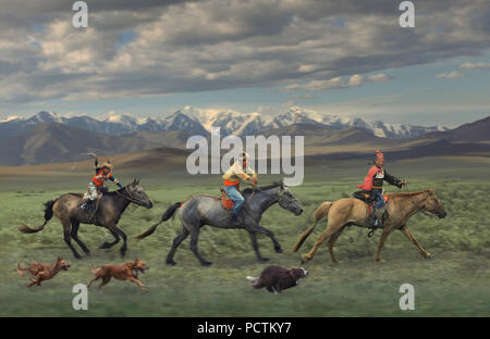I bambini a cavallo con il paesaggio, Naadam festival, steppa Gobi, Mongolia, Asia Foto Stock