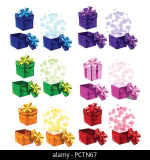 Grandi serie di confezioni regalo isolato su sfondo bianco. Vector cartoon close-up illustrazione. Illustrazione Vettoriale