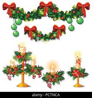 Schizzo di natale con decorazioni di ramoscelli di abete rosso, Holly foglie, candele e ghirlande. Campione del poster, invito e altre carte. Illustrazione Vettoriale. Illustrazione Vettoriale