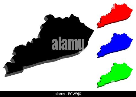 Mappa 3D del Kentucky (Stati Uniti d'America, del Commonwealth del Kentucky) - nero, rosso, blu e verde - illustrazione vettoriale Illustrazione Vettoriale